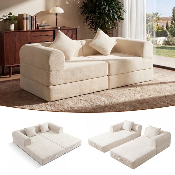 ELEKA 74.8" Convertible Sleeper Sofa Bed,Folding Floor Mattress Couch,Sectional Couches for Living Room ,No Assembly Required ，Beige