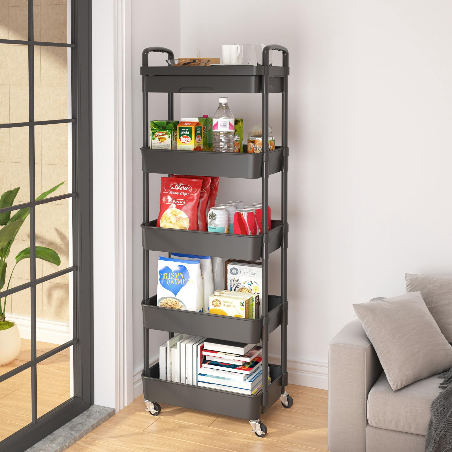 4-Tier Rolling Utility Cart with Drawer Multifunctional Storage Organizer Plastic Shelf Metal Wheels Kitchen Bathroom Office Storage Cart Black