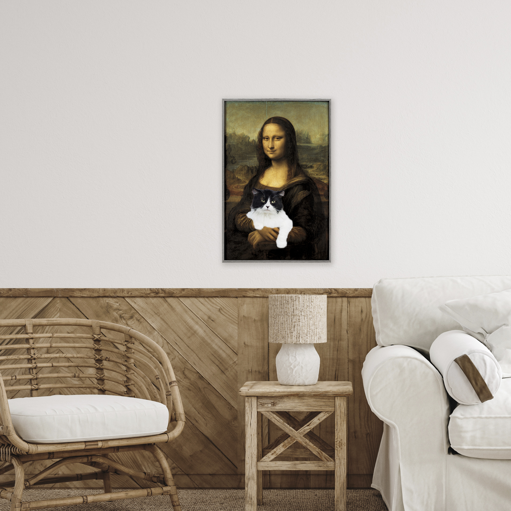 Mona Lisa Cat Lady Gray Framed Giclee Art, design by Masters Redux
