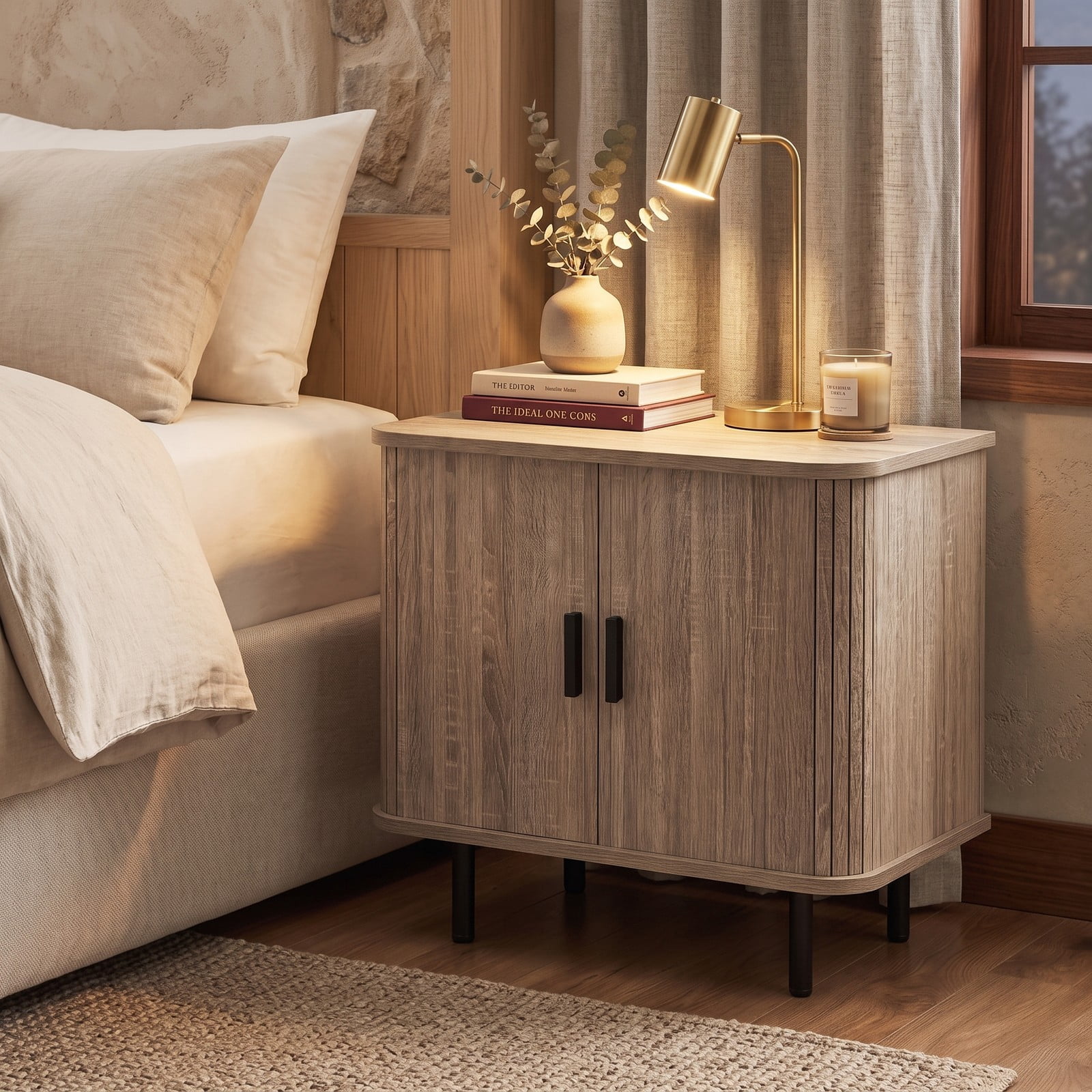 Furnibear End Table Modern Mid Century Nightstand with Sliding Tambour Doors and Storage Shelf for Bedroom Living Room, Natural