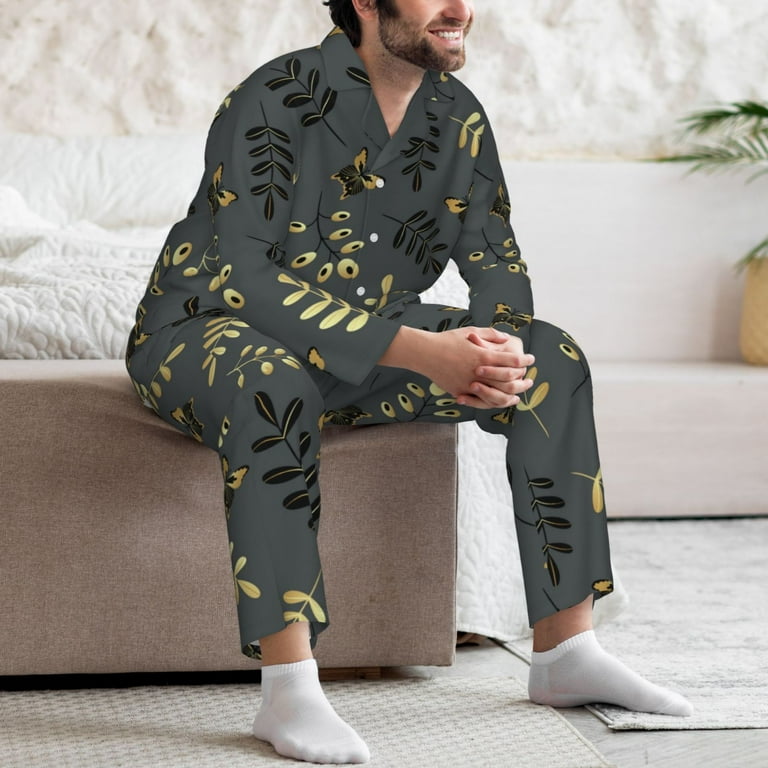 Mens Pajamas Set gold black butterflies twigs Button Down Pajamas for Men Long Sleeve Mens Sleepwear Lounge Pjs Set Walmart