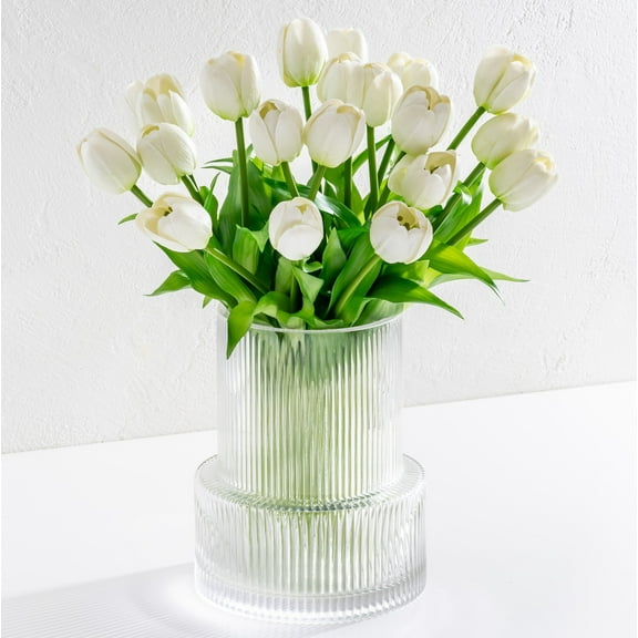 Luxury Ribbed Glass Vase Set With 20 Realistic White Artificial Tulips Flowers. Modern Fluted Clear Vase and Faux Tulips. Entryway Living Room, Dining Table, Shelf, Office Decor Wedding