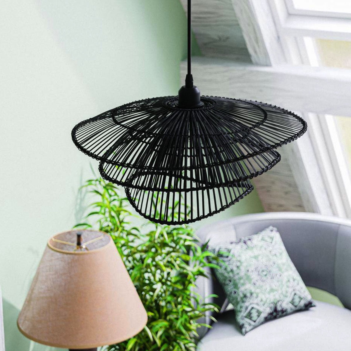 Ceybo 1-Light Black Woven Rattan Pendant Light, Tiered Hanging Chandelier with Adjustable Height for Dining Rooms, Kitchens & Living Spaces