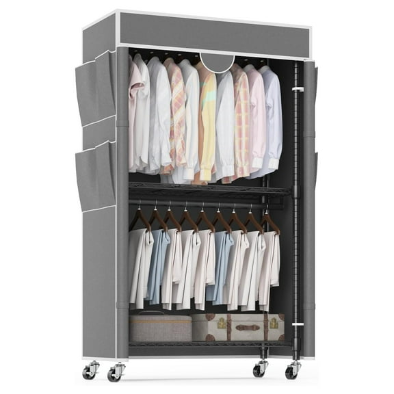 Clothes Rack, Heavy Duty Portable Rolling Wardrobe Closet with Fabric Cover and Adjustable Shelves, Double Rods Clothing Rack with Wheels for Hanging Garments (Gray)