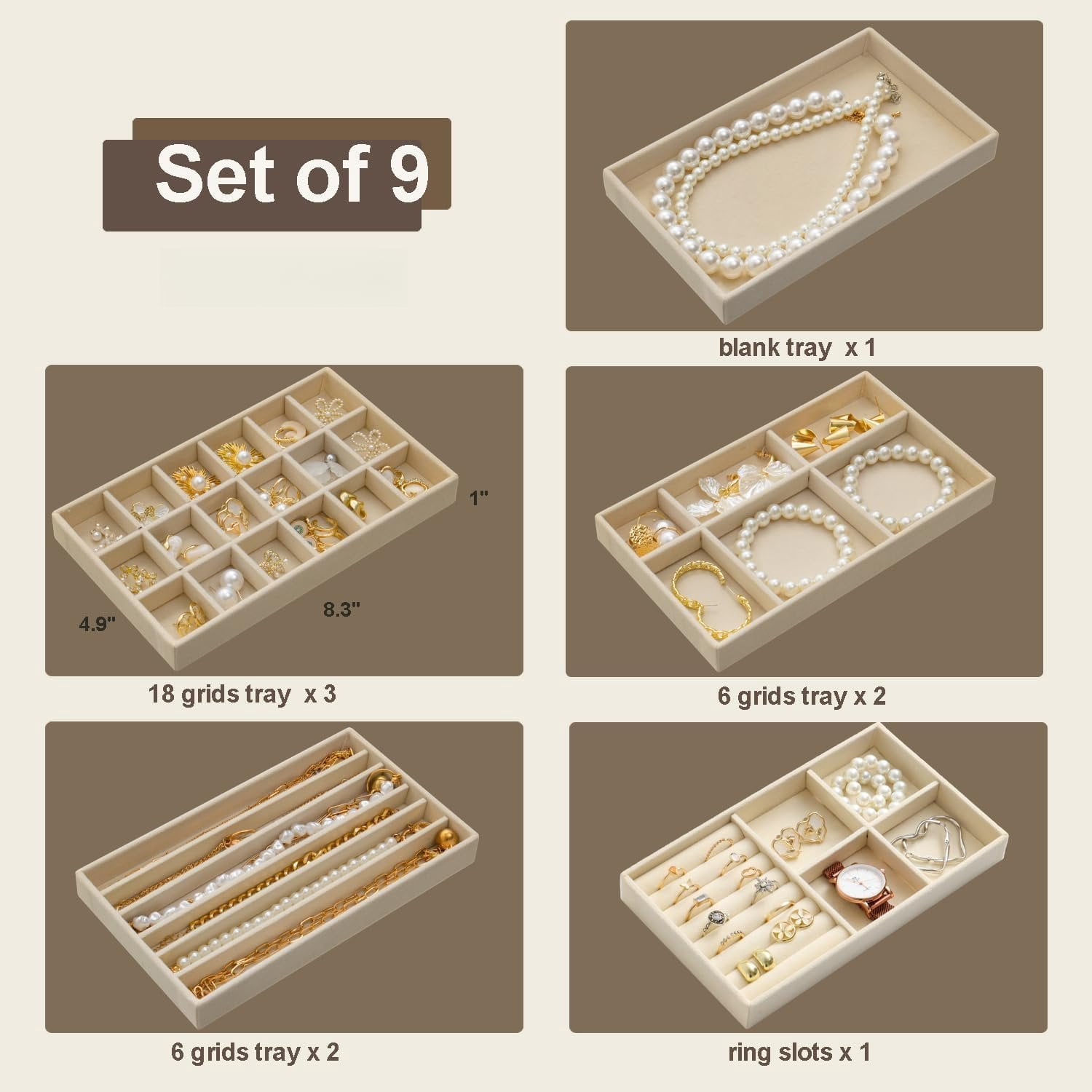 Stackable  Organizer Trays Set of 9, Small   Organizers Earring Necklace Ring Bracelet Display Case Storage for Drawer Dresser (Beige)