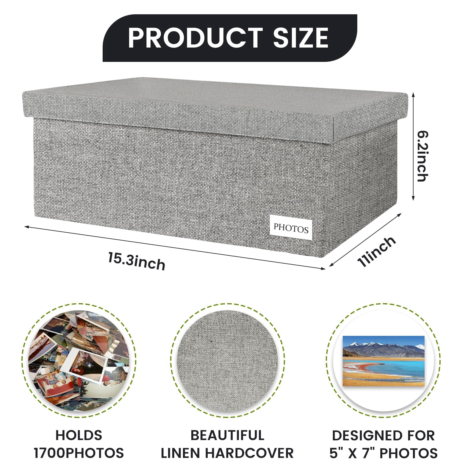 Grey 5*7 Inch Linen Photo Storage Box with Dividers