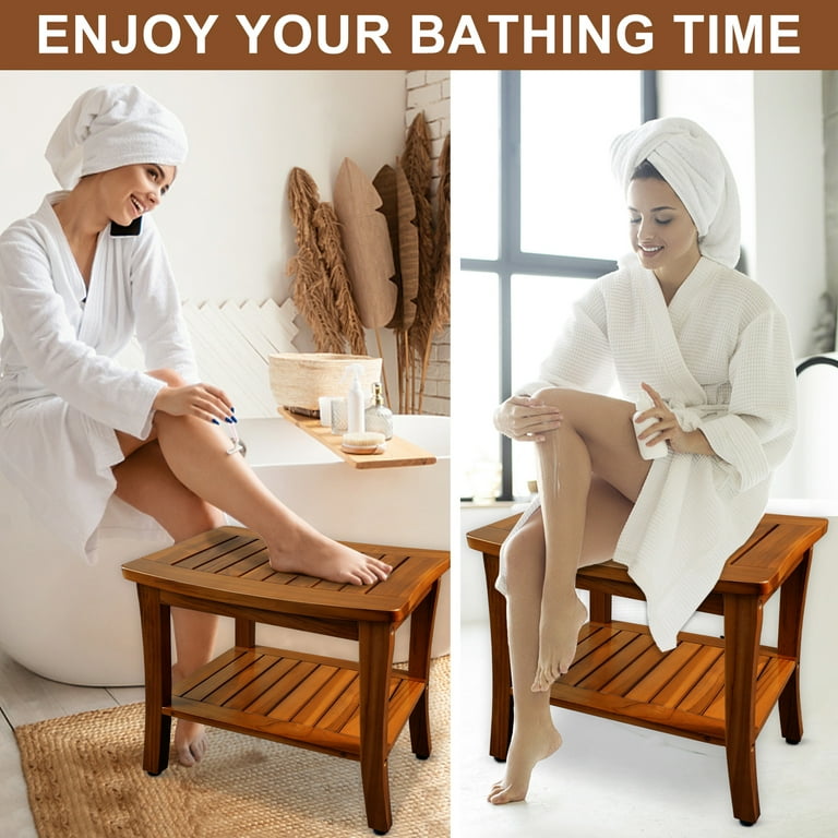 Jolicasa Teak Shower Bench, Waterproof Teak Wood Stool, Shelf for