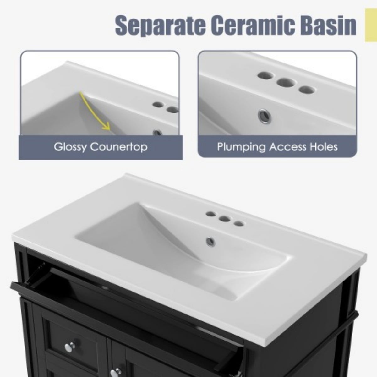 30" Bathroom Vanity with Sink, Modern Freestanding Bathroom Vanity Cabinet with Ceramic Sink, 3 Drawers & Tip-Out Drawer, Adjustable Shelf, White Storage Cabinet, Black