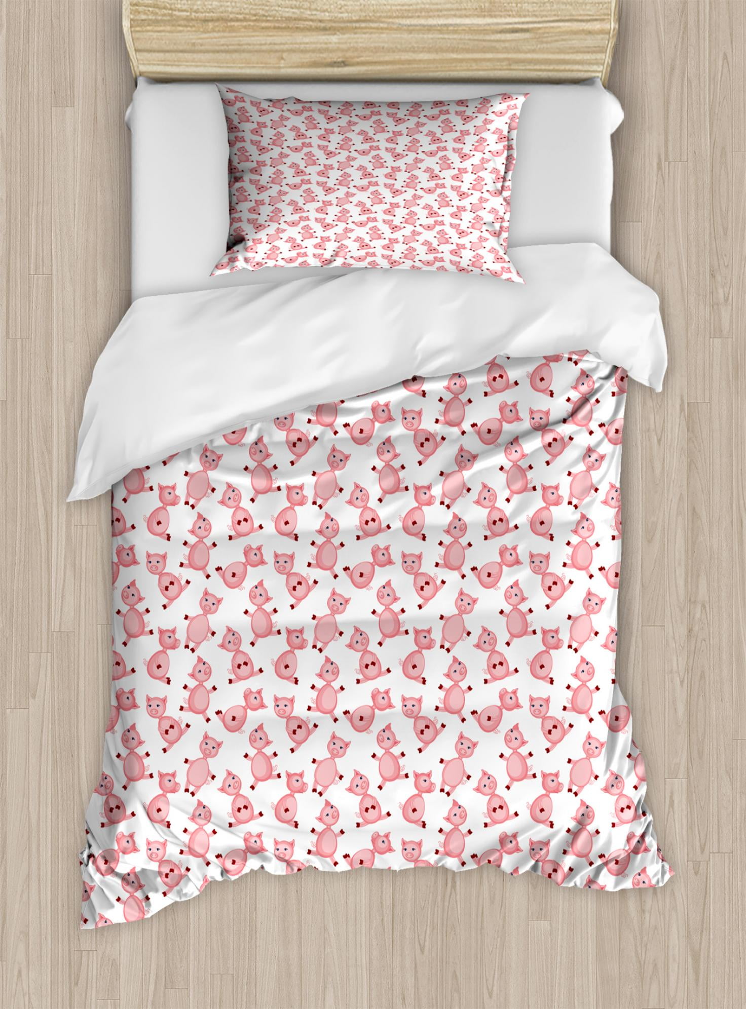 Pig Duvet Cover Set Twin Size, Cartoon Sitting and Smiling Pigs Pattern