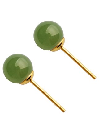 Jade Green Stone Ball Earrings For Women Girls Gold