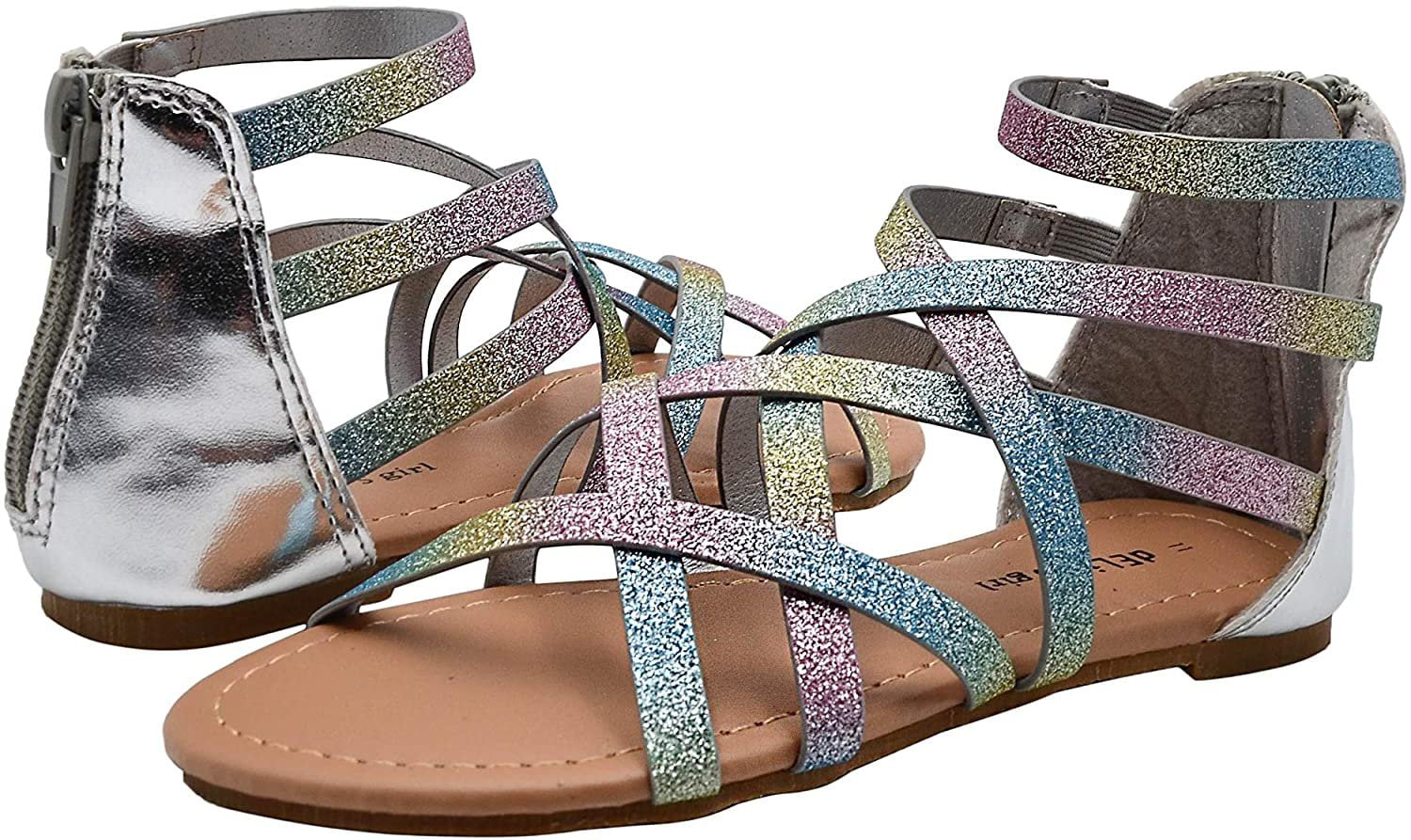 dELiAs Girls Big Kid Criss Cross Glitter Gladiator Strap Sandal Open Fashion Shoes Silver Multi-13 - Walmart.com