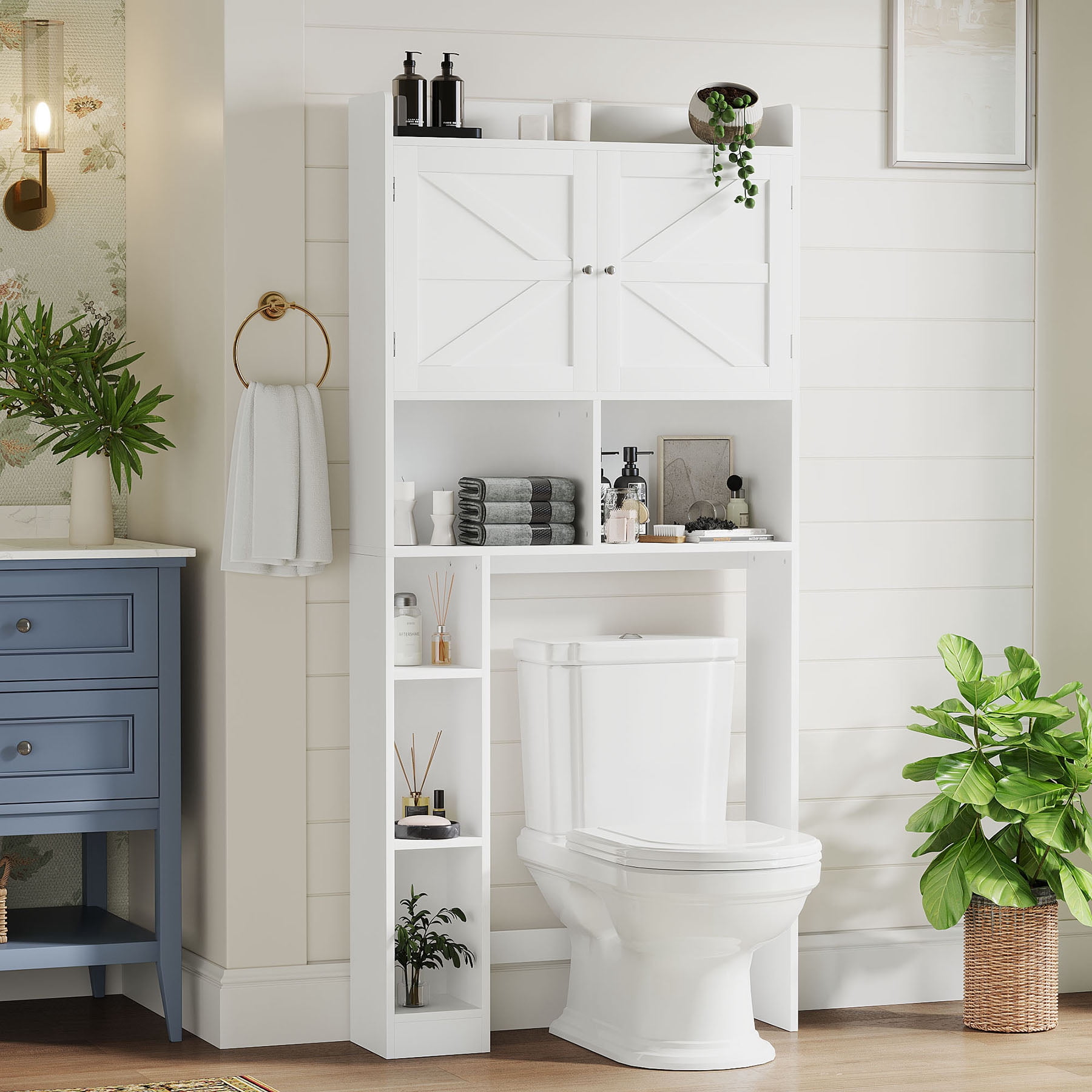 S-HOME White Bathroom Space Saver Cabinet With Double Doors, Open Shelves And Adjustable Shelf For Organized Toiletries