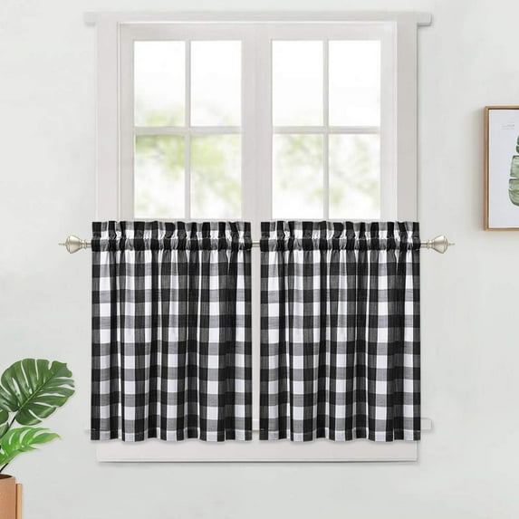 Shininglove Short Curtains 30 inch Farmhouse Gingham Light Filtering Cafe Curtain Set, 28" x 30", Black, Set of 2