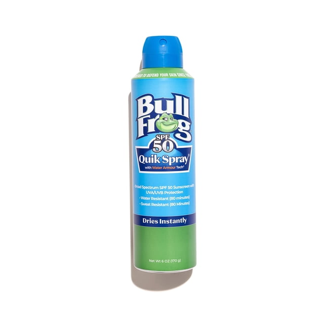 Protector solar en aerosol Bullfrog Quik SPF 50 | Sin oxibenzona ni octinoxato | Hidratante de amplio espectro contra los rayos UVA/UVB, 6 oz
