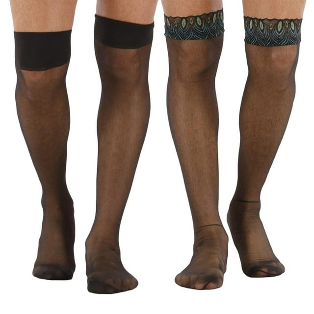 2 pares de medias finas negras hasta la antideslizantes para hombre Medias largas para adultos Ropa de club Macarena Medias de encaje sexy para hombre