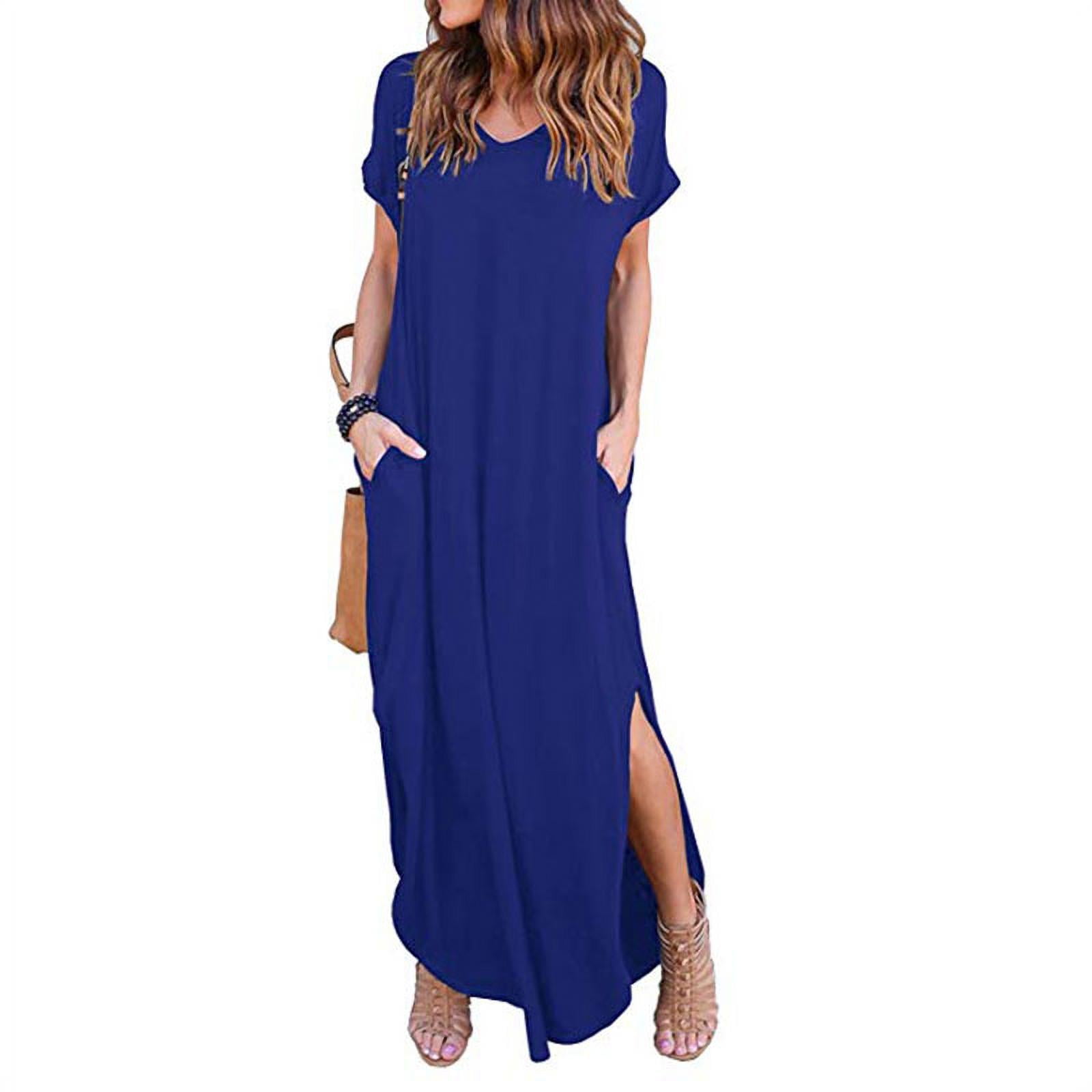 Women's Casual Loose Pocket Long Dress Short Sleeve Split Maxi Dresses ...