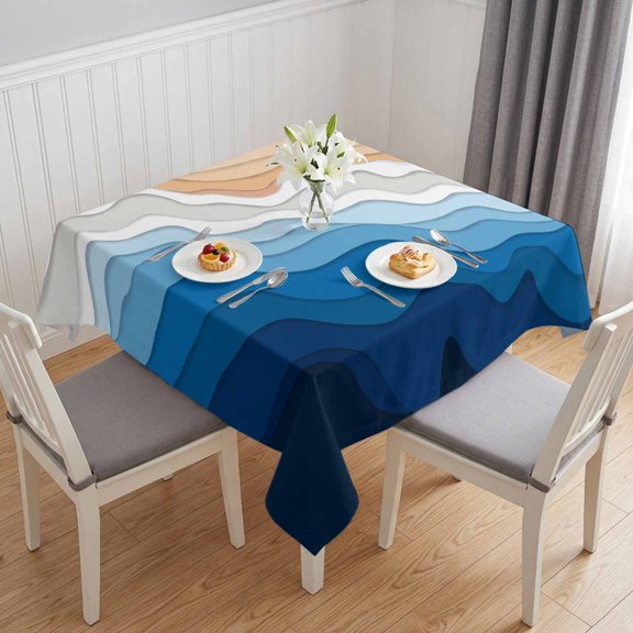Blue Geometric Beach Table Cloth Waterproof Tablecloths, Ombre Waves Moire Abstract Art Tablecloth Dining Table Cover for Kitchen Party Tabletop Outdoor, Square Tablecloth 54x54 Inch