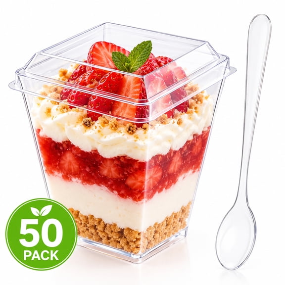 50 Pack 5 oz Clear Plastic Dessert Cups with Lids and Spoons, Disposable Parfait Cups with Lids, Mini Dessert Shooter Cups for Yogurt, Pudding, Fruit Trifle, Ice Cream, Party Appetizer Serving Contai