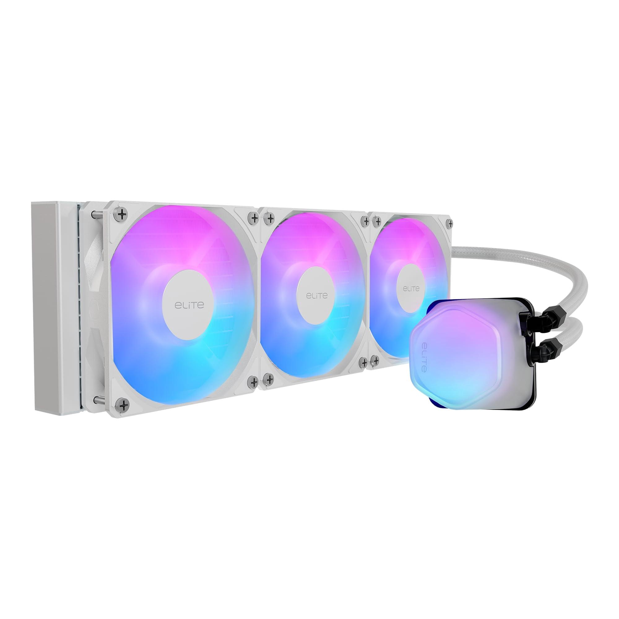 Design by Cooler Master 360 Elite Liquid White AIO CPU Liquid Cooler, R9|Ultra 7, Ceramic Bearing Pump, Translucent aRGB Cover, 360 Radiator, PWM Fan
