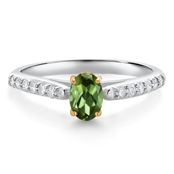 Gem Stone King 10K White and Yellow Gold Green Tourmaline and White Lab Grown Diamond Engagement Ring for Women (0.68 Cttw, Oval 6X4MM, Gemstone October Birthstone, Size 8)