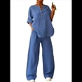 thumbnail image 3 of Conjunto de 2 Piezas de y Algodón para Mujer, con Cuello en V, Camisa de Larga Abotonada y Pantalón con Bolsillos Azul XXL, 3 of 7