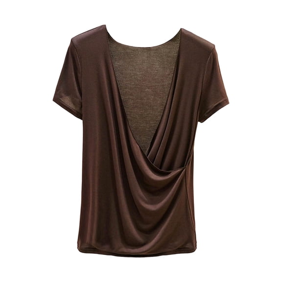 Qgtaibl Womens Solid Color Plus Size Wrap Tops Sexy Deep V Neck Modal T Shirt Summer Short Sleeve Loose Fit Lounge Blouse Coffee XXL