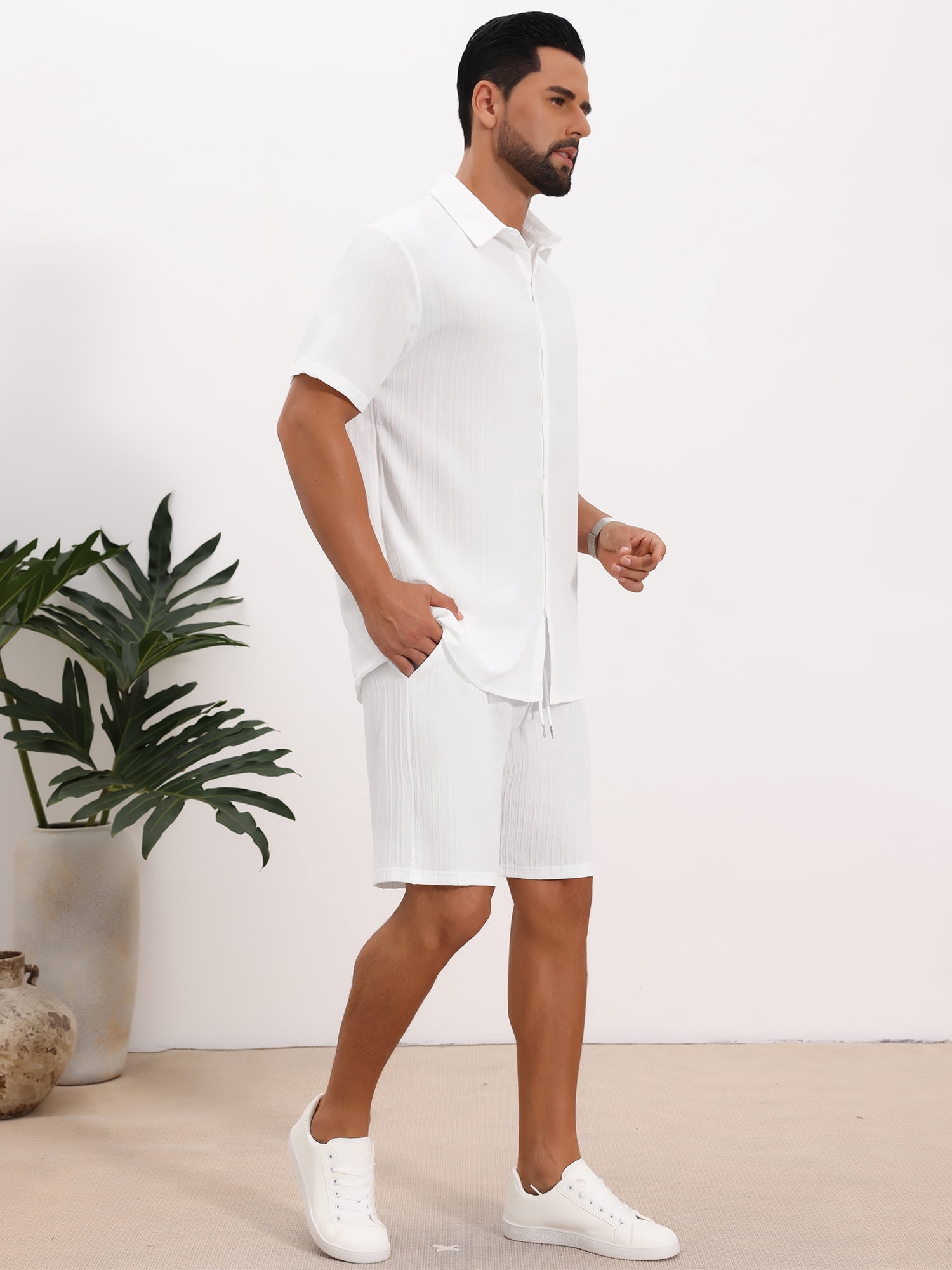 DARING DIVA Men's 2 Pieces Beach Shirt & Shorts Striped Textured Outfits XL White