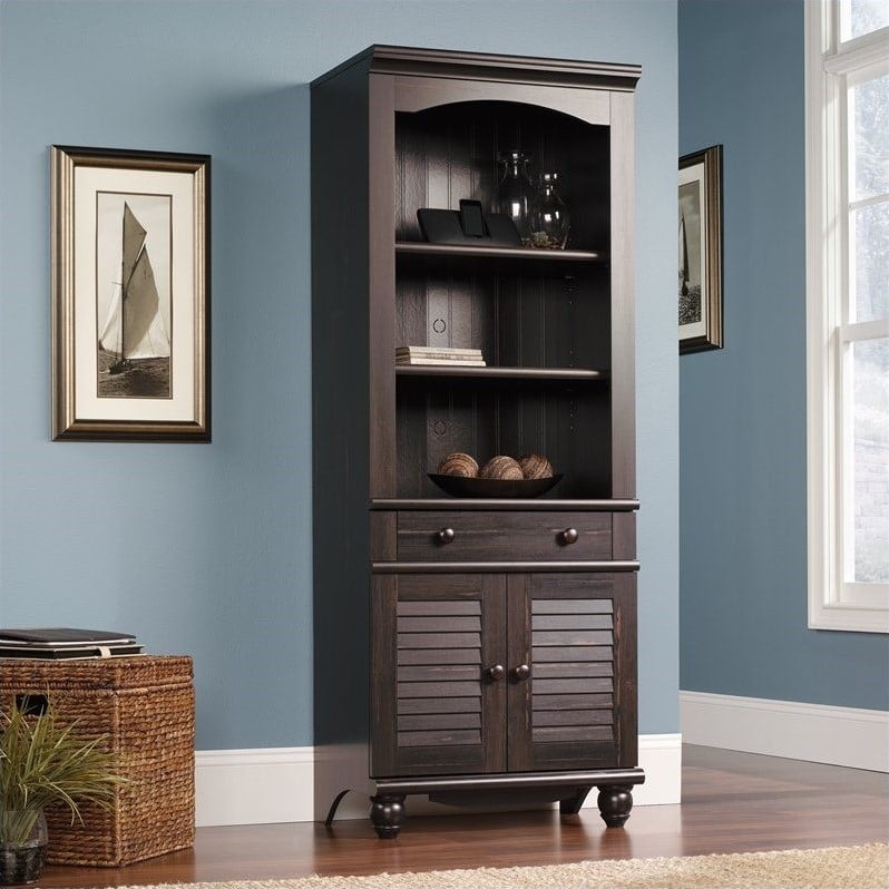 Sauder Harbor View Bookcase With Doors In Antiqued Paint