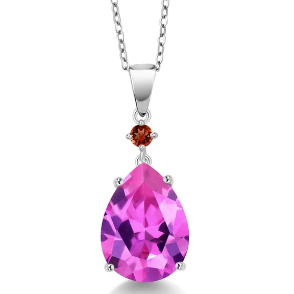 Gem Stone King 925 Sterling Silver Pink Created Sapphire and Red Garnet Pendant Necklace for Women (10.40 Cttw, Pear Shape 16X12MM, Gemstone, with 18 inch Chain)