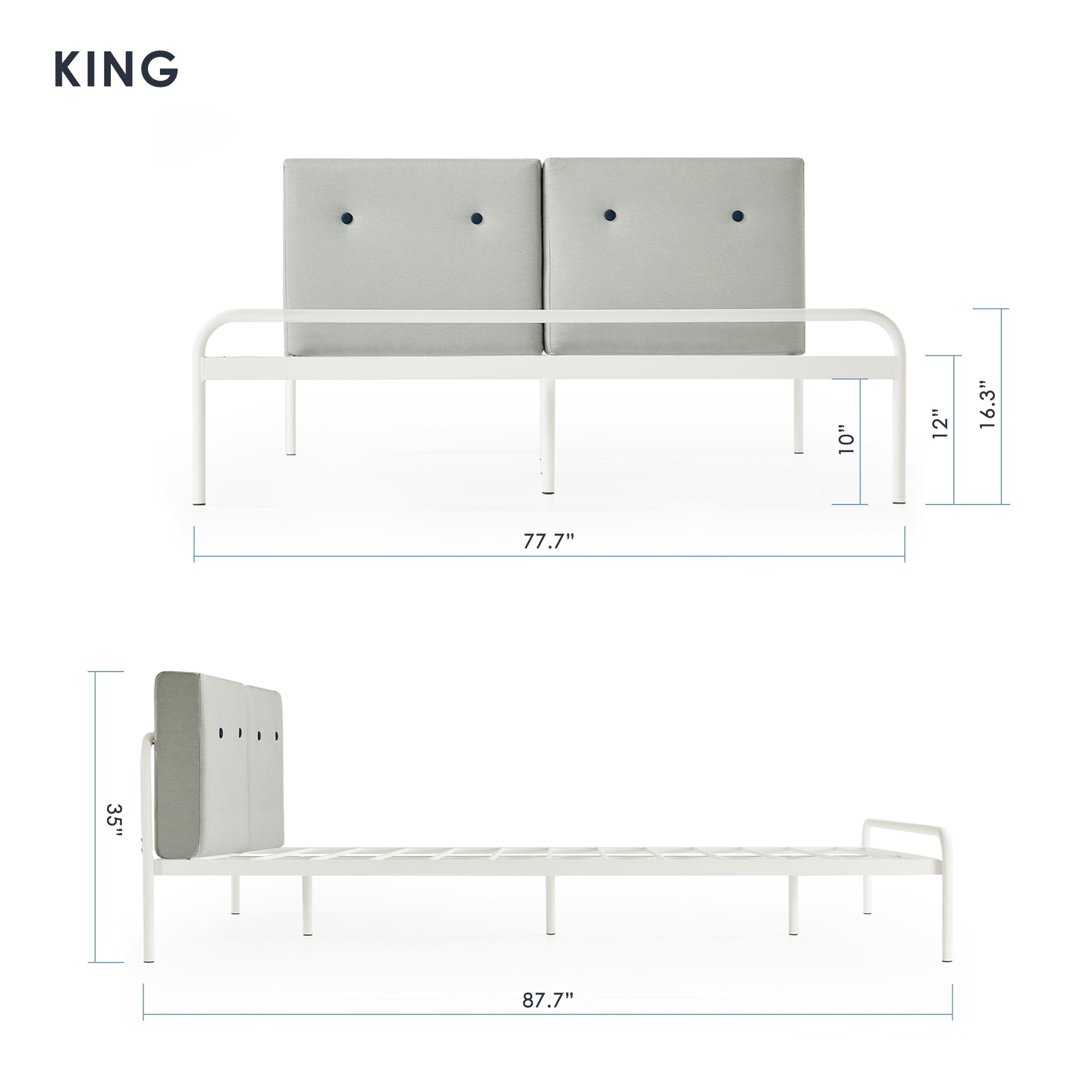 Mellow Maggie Metal Platform Bed with Upholstered Cushion Headboard, Sky Grey, King