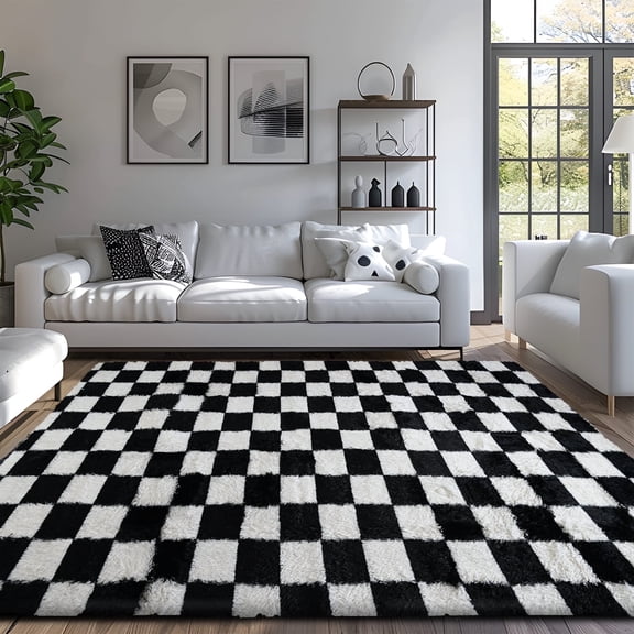 Pentantan 5ft x 8ft Shag Area Rugs for Living Room, Classic Checkered Fluffy Bedroom Carpet, Black & White