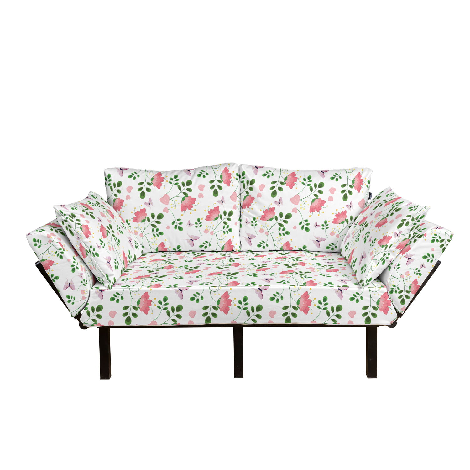 Daybed with Metal Frame Upholstered Sofa for Living Dorm Pastel Colored Butterflies with Foliage Vintage Floral Themed Champagne and Multicolor Ambesonne Flowers Insects Futon Couch Loveseat