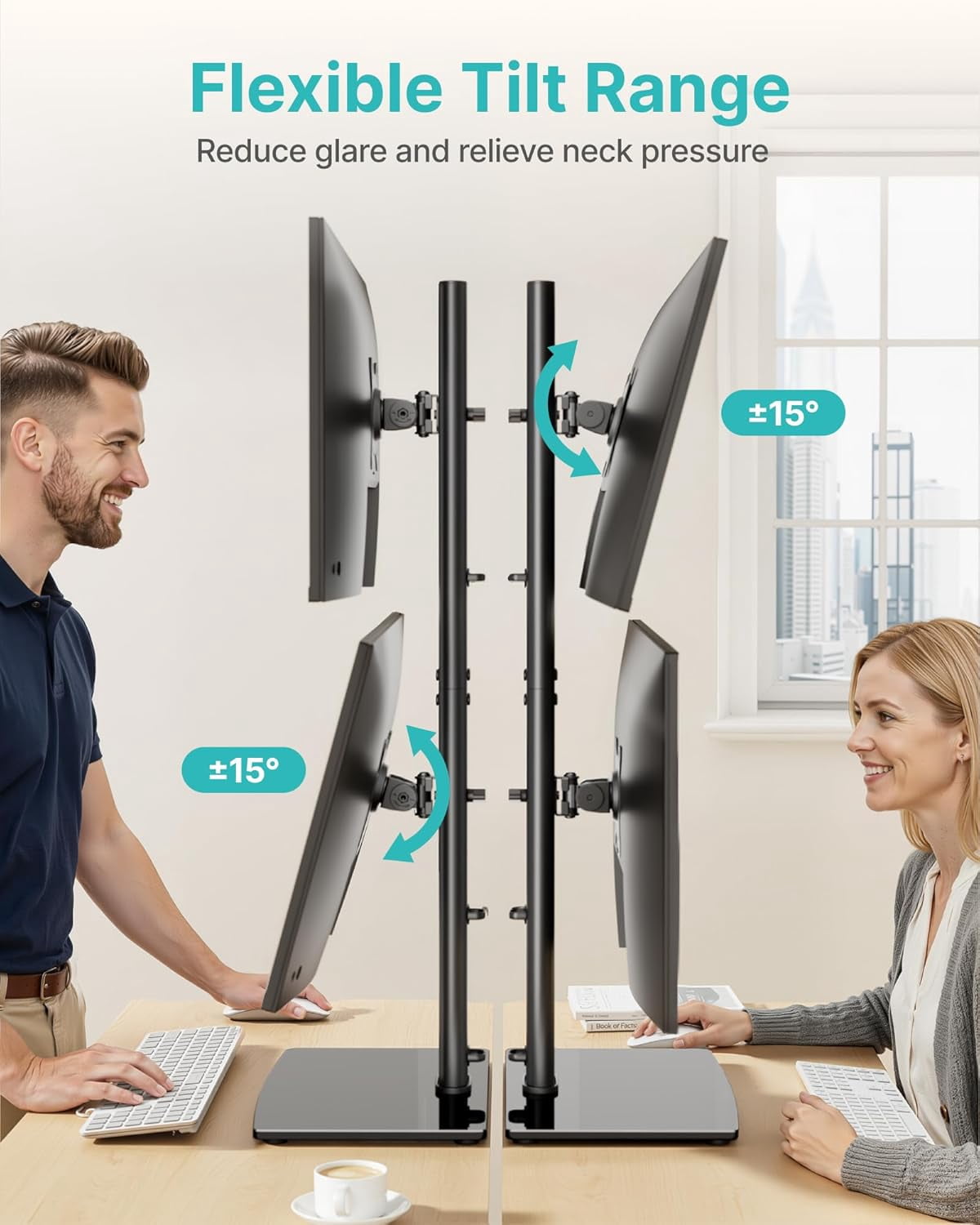 Vertical Dual Monitor Stand for 17–34 Inch Screens, Stacked Monitor Mount with 33.3" Pole & 12 Height Settings, Freestanding Desk Monitor Riser, Full Motion ±45° Tilt ±30° Swivel, 75/100 VESA