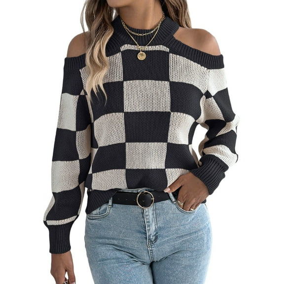 Women'S Color Block Checkered Off-Shoulder Long Sleeve Y2K Plaid Knitted Pullover Sweater Tops Vintage Sweater