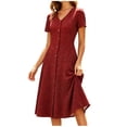 thumbnail image 3 of XUNKUSGA Womens Summer Dresses Classic Polka Dot V-Neck Short Sleeve Women's Dresses Fashion Slim Fit Button Down A Line Dresses for Women Floral Print Knee-Length Dress S-2XL Red, 3 of 8