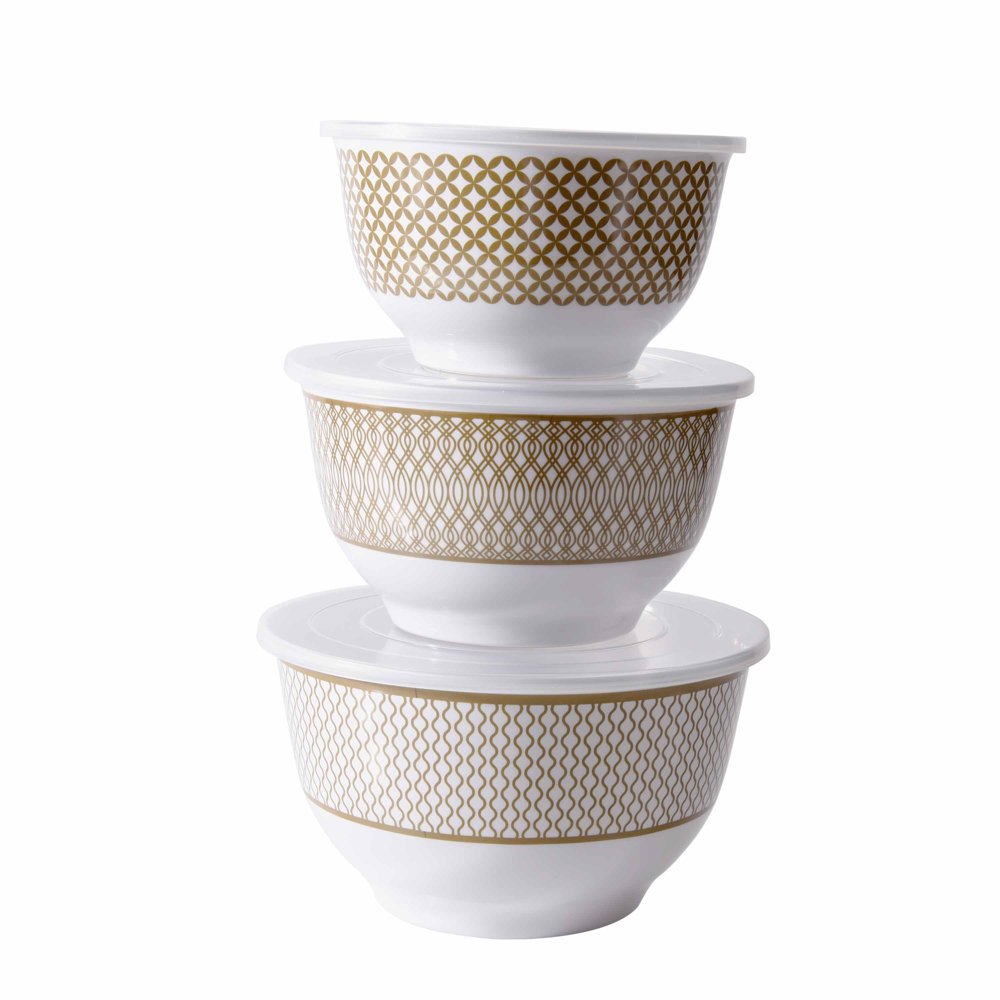 Mainstays Gold Glamour Melamine Mixing Bowls with Lids, 6 piece Set