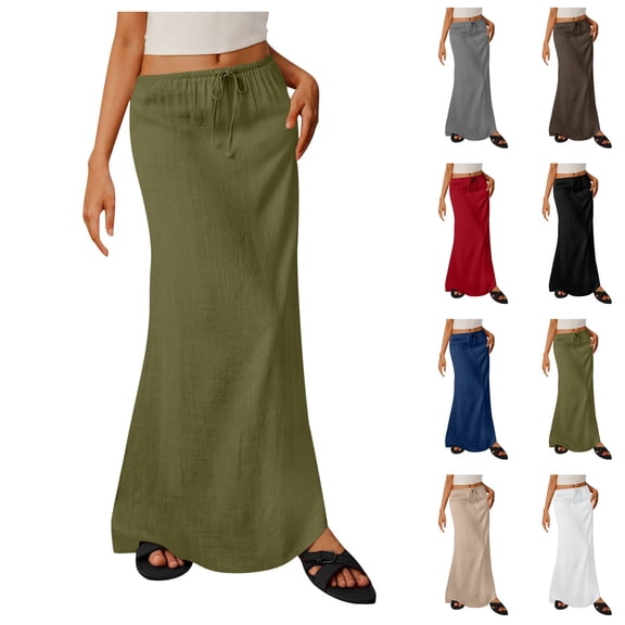 LIBRCLO Skirts for Women Maxi Length Summer Linen Skirts with Elastic Waist Drawstring Fashion Solid Color Clothes