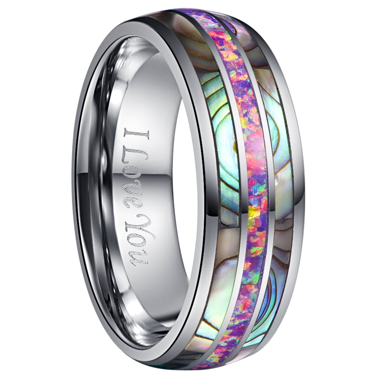 Silver Tungsten Carbide Abalone Shell Inlay Wedding Band Bridal Womens MENS Ring