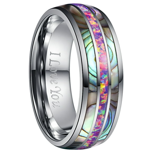 8mm Men's Lavender Purple Created Opal Tungsten Carbide and Abalone Shell Wedding Engagement Ring Band Size 7 to 14