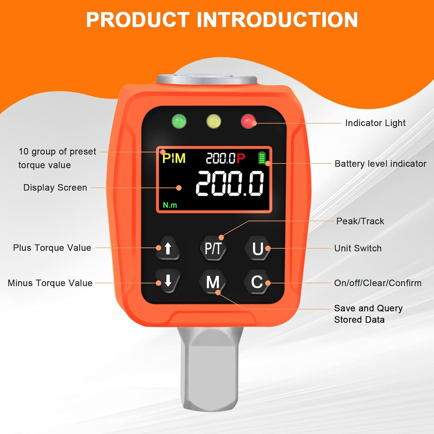 1/2" Digital Torque Adapter, 7.4-147.5 Ft-lb/10-200 Nm,1/2” Drive Digital Torque Wrench Converter,3/8'' & 1/4'' Adapter