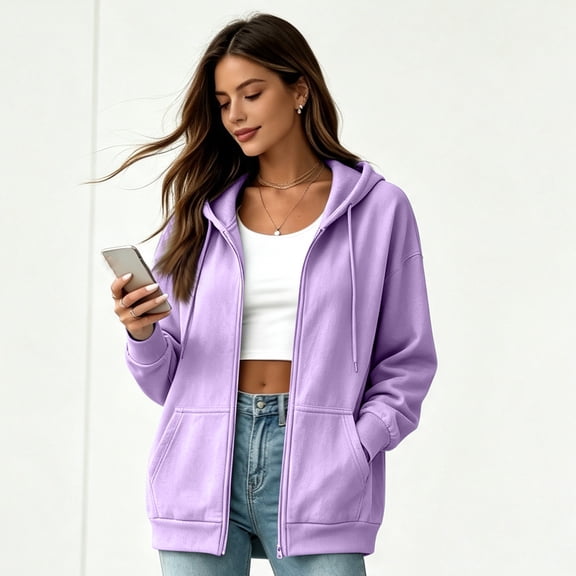 Resicozy Womens Zip Up Hoodies 2026 Fall Winter Casual Sweatshirts Zipper Oversized Lightweight Cute Jackets with Pockets Light Purple 2XL