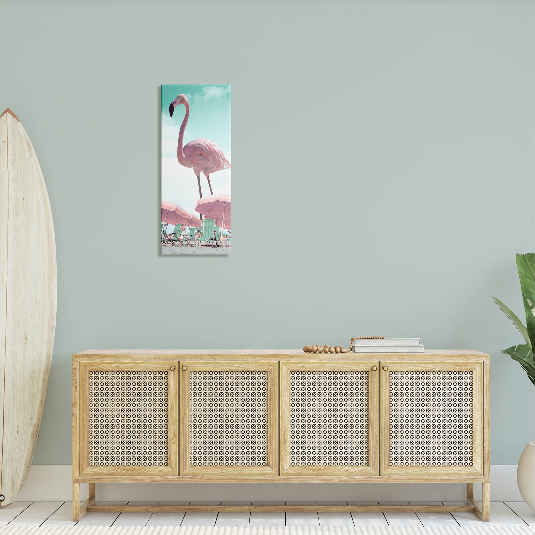 Giant Flamingo Pastel Beach Scene Animals & Insects Graphic Art Gallery Wrapped Canvas Print Wall Art