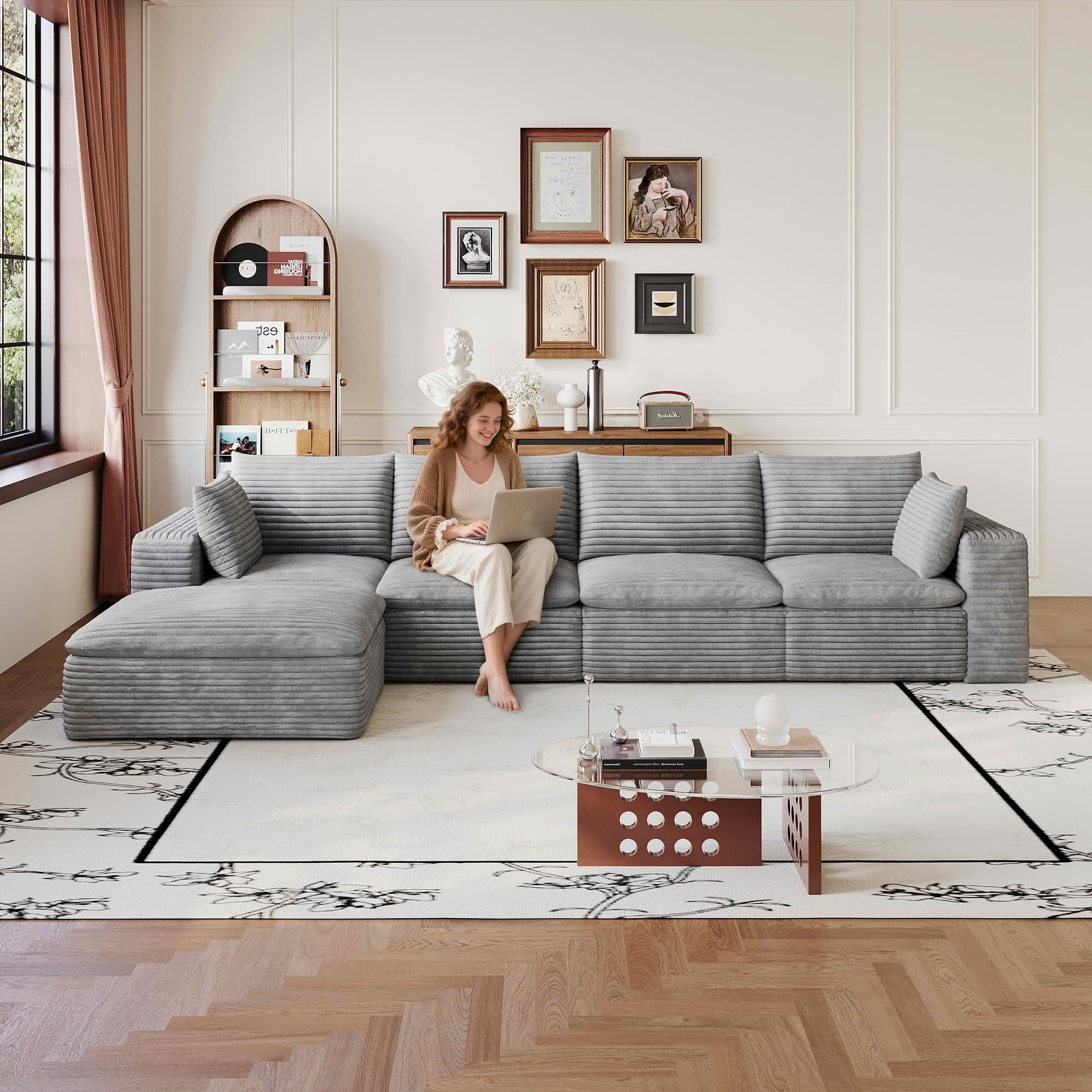 MAYEERTY 134 Inch Corduroy Cloud Floor Sofa, Modular Couch with Detachable Double-Layer Cushion, No Assembly Furniture for Home & Office