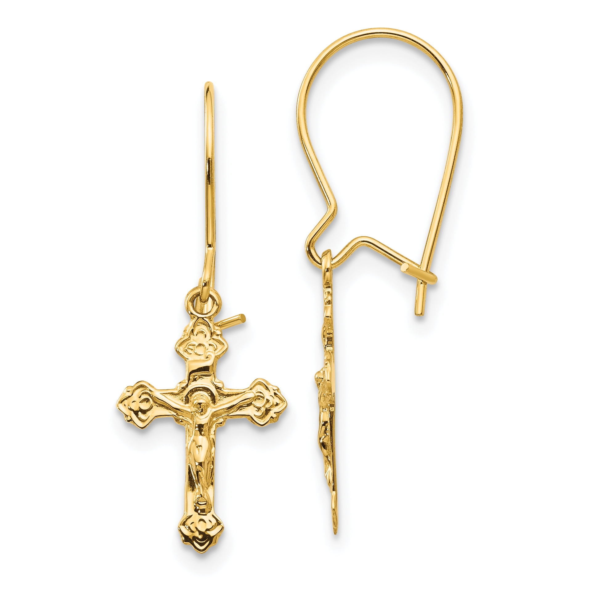 14K Yellow Gold Kidney Wire Crucifix Earrings