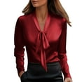 thumbnail image 2 of Otntypg Elegant Satin Blouses for Women Dressy Casual Button Down Shirt Satin Silk Long Sleeve Front Bowknot Cowl Neck Shirts Dress Work Business Blouses Tops Red XL, 2 of 9