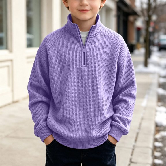 Trikvn Boys Quarter Zip Pullover Waffle Knit Mock Neck Sweater Raglan Long Sleeve Textured Top with Ribbed Hem Loose Warm for Fall Winter Casual 3-14Y