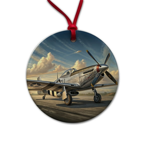 P-51 Mustang WWII US Fighter Plane Christmas Tree Holiday Round Ceramic Ornament
