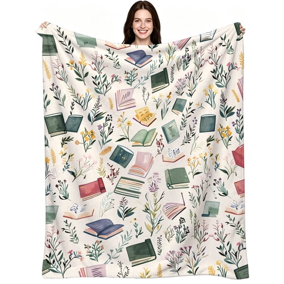 Vintage Book Floral Pattern Flannel Blanket Soft Cozy Warm Lightweight Flannel Throw Blanket for Couch Bed Sofa Office Camping, Aesthetic Decorative Blanket for Book Lovers Reading Nook Home Decor
