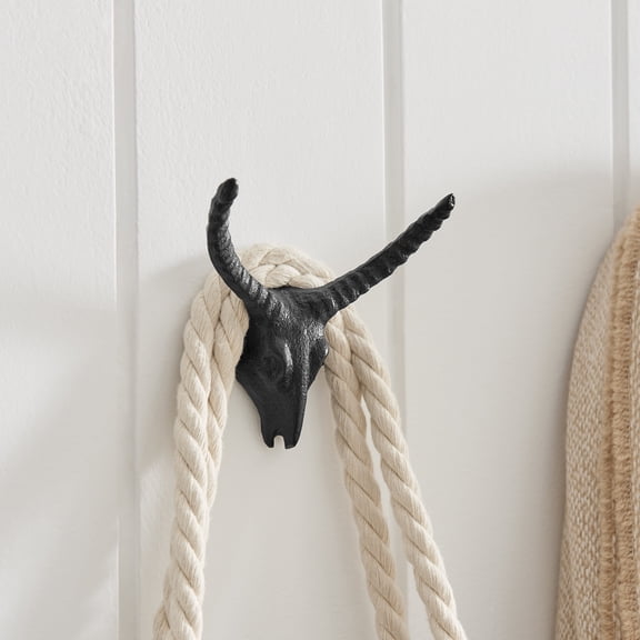 4 Piece Black Cast Iron Goat Head with Horns Decorative Wall Sculpture Figure Utility Hook Set