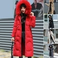 thumbnail image 2 of Winter Women Jacket Furry Hood Long Sleeves Pockets Knee Length Zipper And Button Closure Slim Waist Cotton Coat Mid Length Solid Color Windproof Warm Coat, 2 of 8